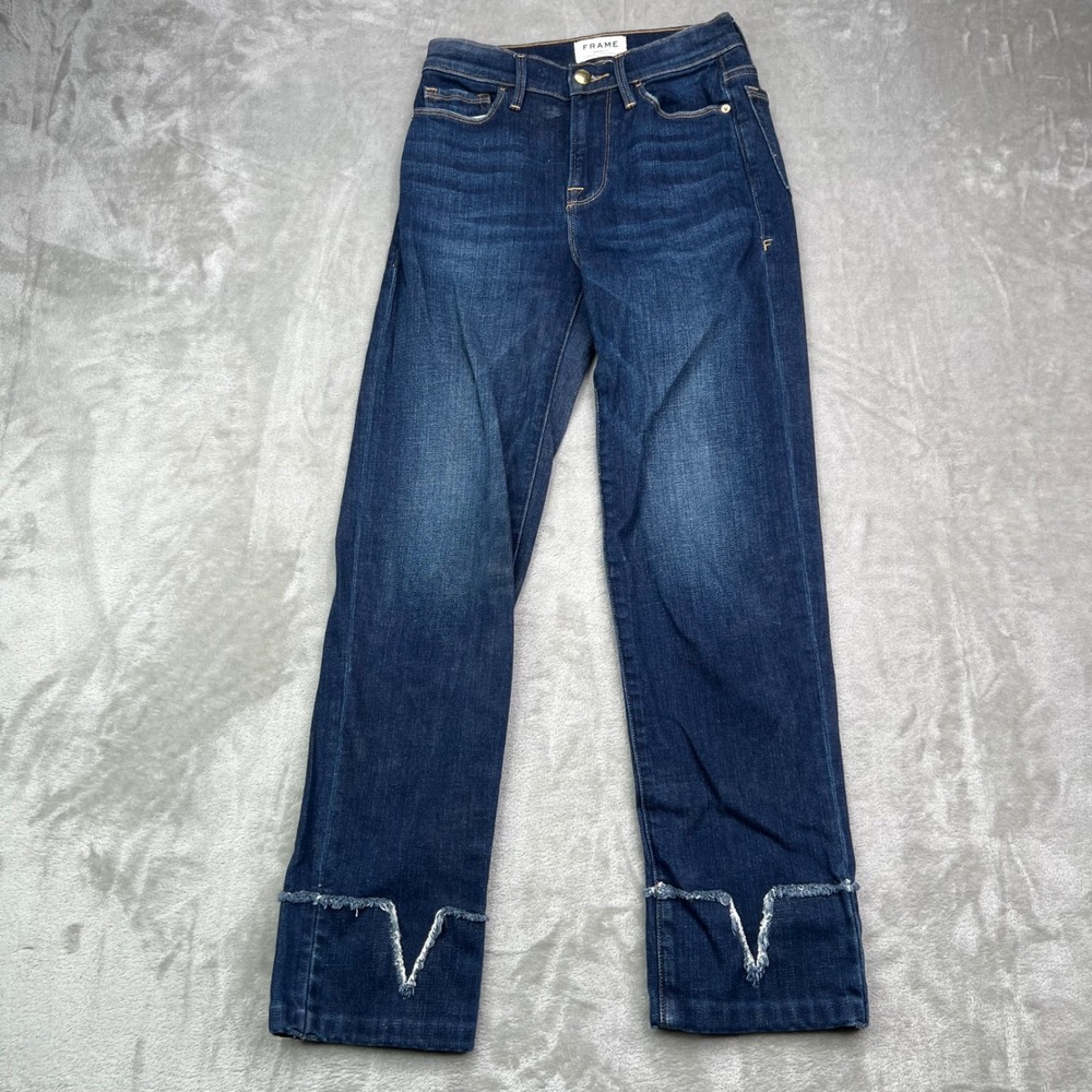 Frame Le Nouveau Straight Jeans Womens 24 Blue Overcast Stretch V-Notch Hem‎
